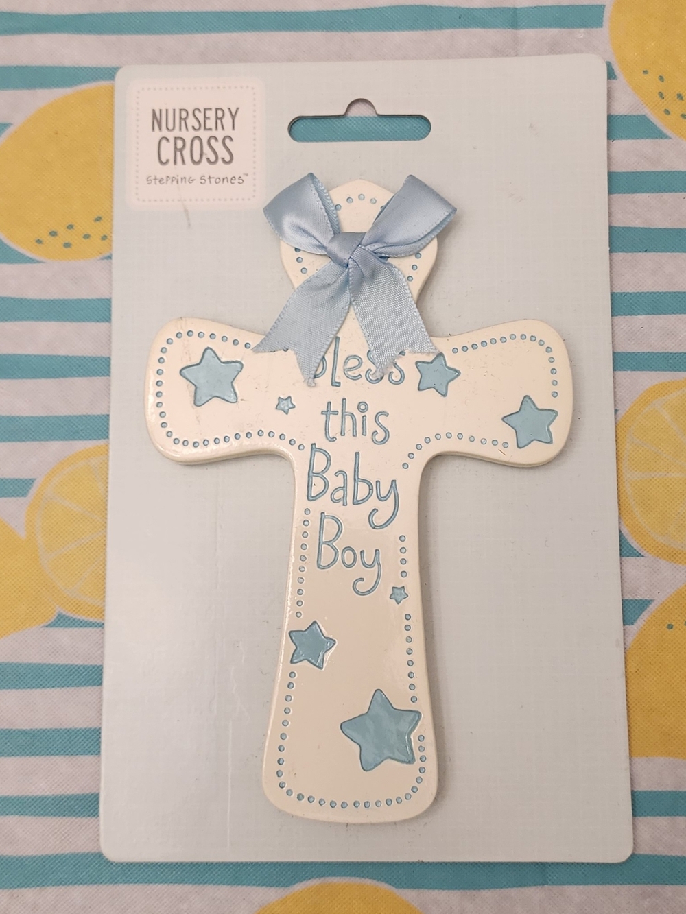 Gibson Cream and Light Blue Nursery Cross with Ribbon